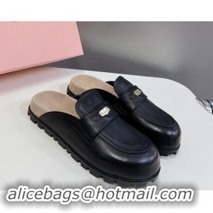 Buy Fashionable Miu Miu Leather Platform Mules with Coin Charm Black 904071