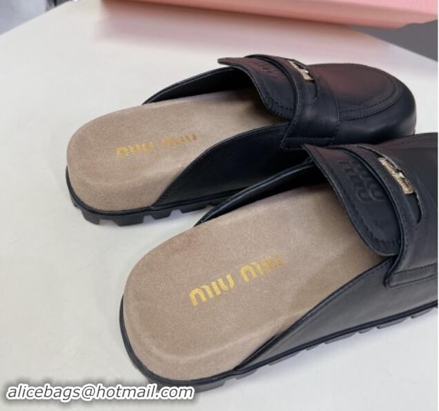 Buy Fashionable Miu Miu Leather Platform Mules with Coin Charm Black 904071