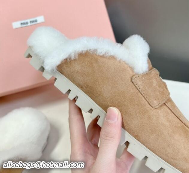 Best Product Miu Miu Suede Wool Platform Mules with Coin Charm Camel 904076