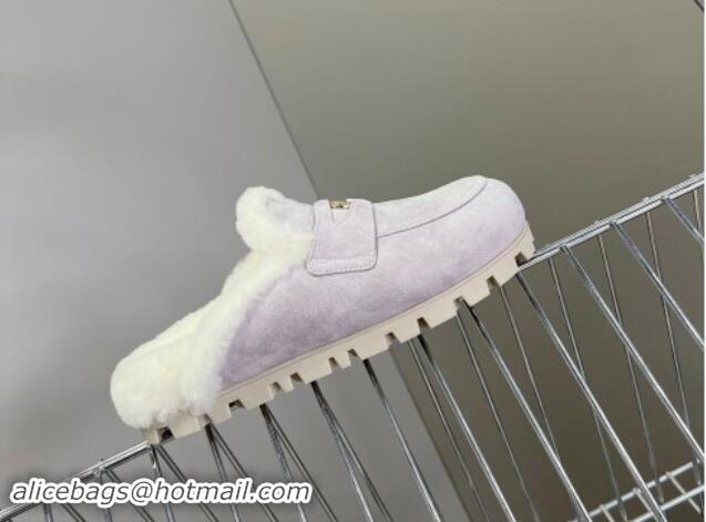 Low Cost Miu Miu Suede Wool Platform Mules with Coin Charm Light Purple 904077