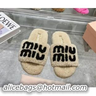 Perfect Miu Miu Wool Flat Slides Sandal Beige/Black 904080