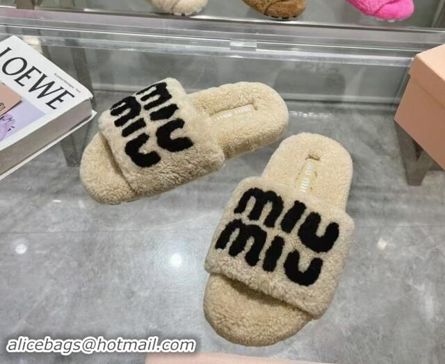 Perfect Miu Miu Wool Flat Slides Sandal Beige/Black 904080