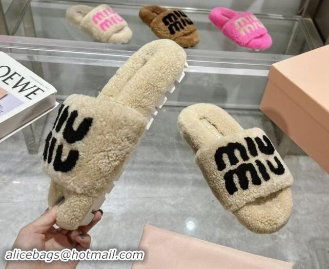 Perfect Miu Miu Wool Flat Slides Sandal Beige/Black 904080