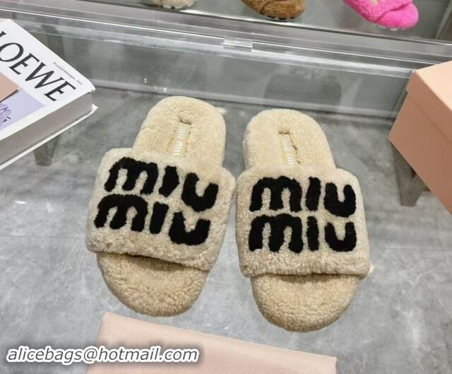 Perfect Miu Miu Wool Flat Slides Sandal Beige/Black 904080