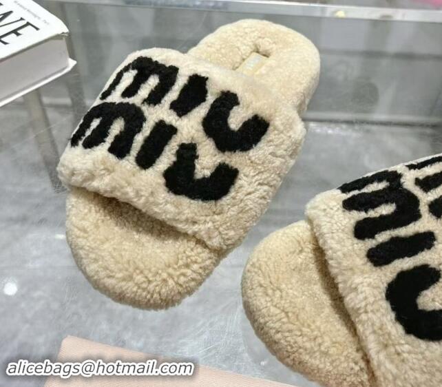 Perfect Miu Miu Wool Flat Slides Sandal Beige/Black 904080