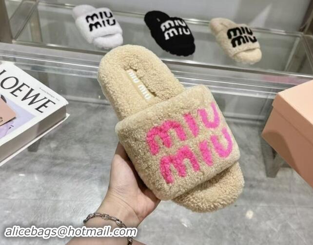 Top Grade Miu Miu Wool Flat Slides Sandal Beige/pink 904083