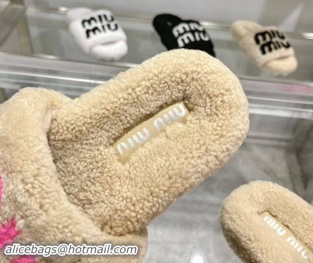 Top Grade Miu Miu Wool Flat Slides Sandal Beige/pink 904083