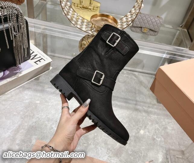 Unique Style Miu Miu Aged Leather Flat Ankle Boots with Double Buckle Black 012036