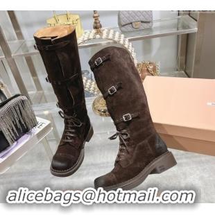 Best Product Miu Miu Suede laced up High Boots 3.5cm with Buckle Strap Dark Brown 012039