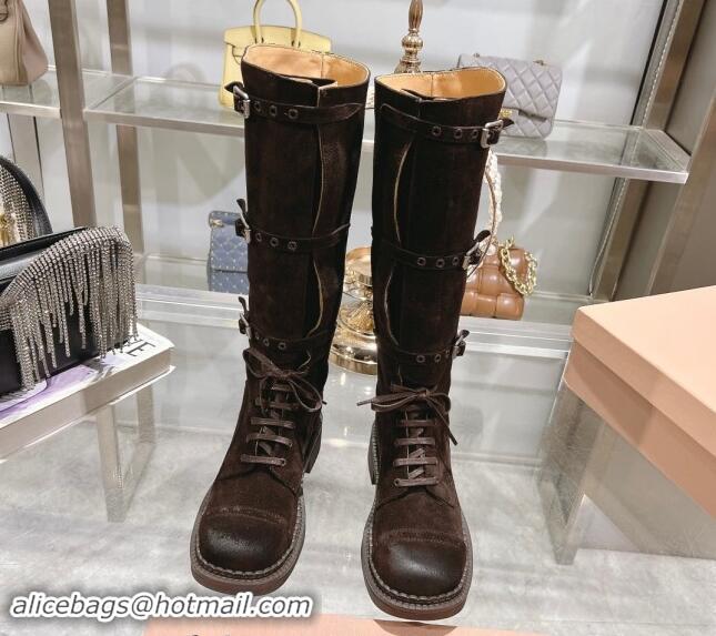 Best Product Miu Miu Suede laced up High Boots 3.5cm with Buckle Strap Dark Brown 012039