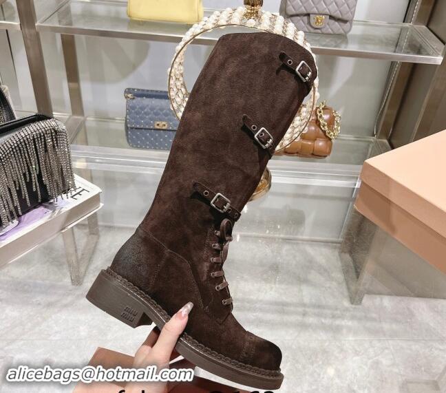 Best Product Miu Miu Suede laced up High Boots 3.5cm with Buckle Strap Dark Brown 012039