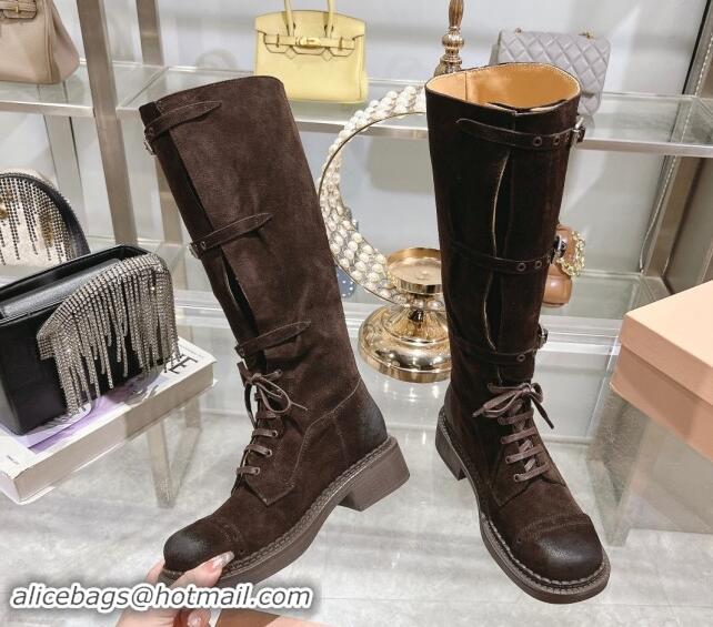 Best Product Miu Miu Suede laced up High Boots 3.5cm with Buckle Strap Dark Brown 012039