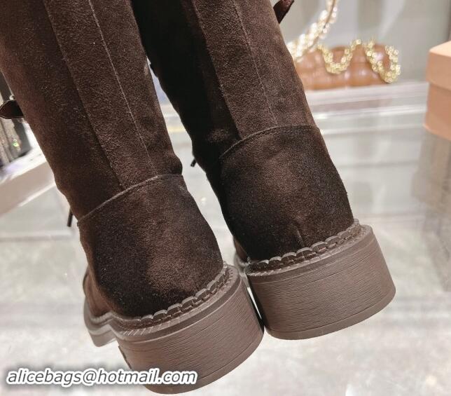 Best Product Miu Miu Suede laced up High Boots 3.5cm with Buckle Strap Dark Brown 012039