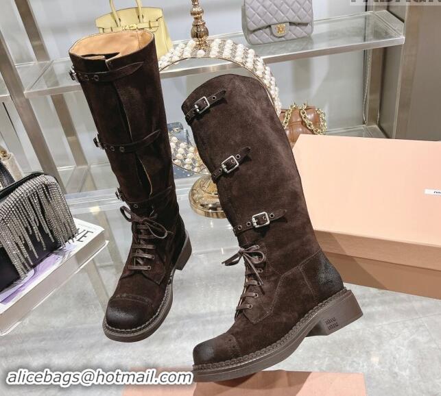 Best Product Miu Miu Suede laced up High Boots 3.5cm with Buckle Strap Dark Brown 012039