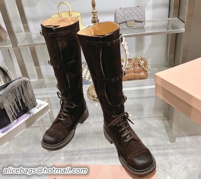 Best Product Miu Miu Suede laced up High Boots 3.5cm with Buckle Strap Dark Brown 012039