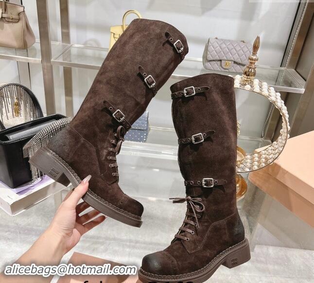 Best Product Miu Miu Suede laced up High Boots 3.5cm with Buckle Strap Dark Brown 012039