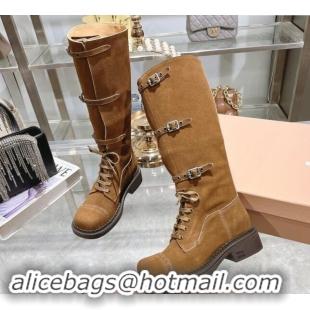 Cheap Price Miu Miu Suede laced up High Boots 3.5cm with Buckle Strap Brown Yellow 012040