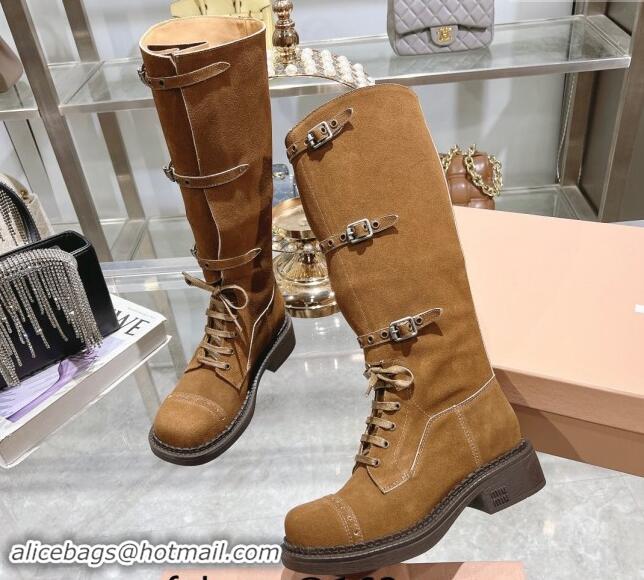 Cheap Price Miu Miu Suede laced up High Boots 3.5cm with Buckle Strap Brown Yellow 012040