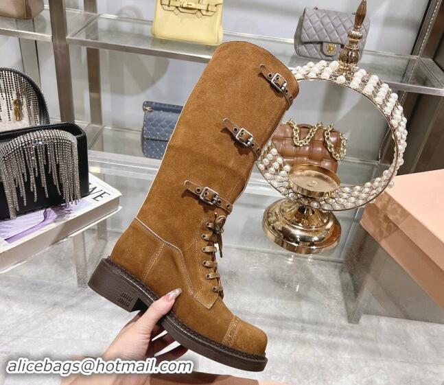 Cheap Price Miu Miu Suede laced up High Boots 3.5cm with Buckle Strap Brown Yellow 012040