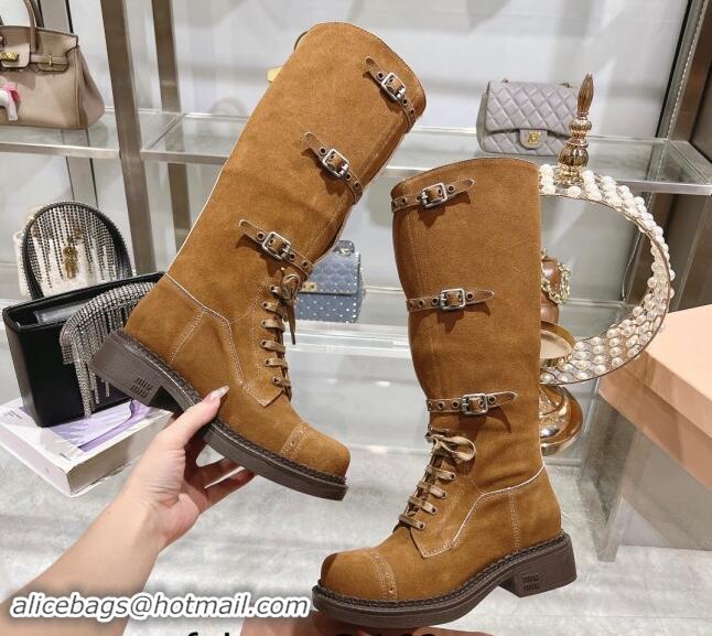 Cheap Price Miu Miu Suede laced up High Boots 3.5cm with Buckle Strap Brown Yellow 012040