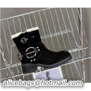 Good Product Miu Miu Vintage-look Ankle Boots 5cm with Strap Buckle in Black Suede and Wool 012047