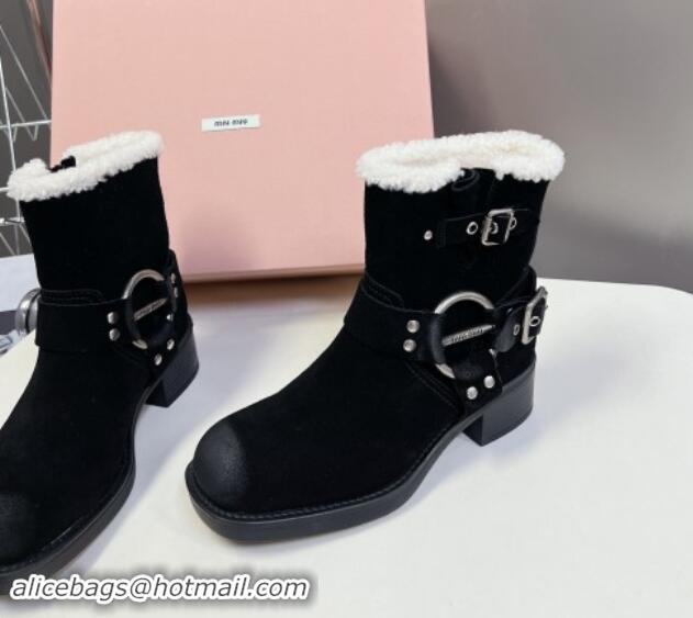 Good Product Miu Miu Vintage-look Ankle Boots 5cm with Strap Buckle in Black Suede and Wool 012047