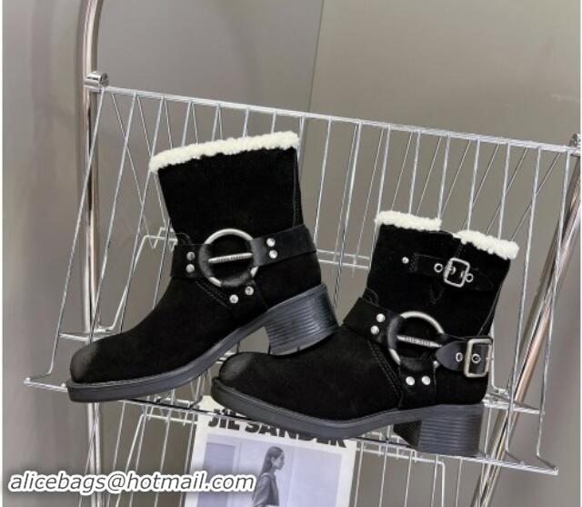 Good Product Miu Miu Vintage-look Ankle Boots 5cm with Strap Buckle in Black Suede and Wool 012047