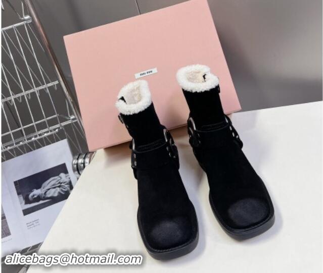 Good Product Miu Miu Vintage-look Ankle Boots 5cm with Strap Buckle in Black Suede and Wool 012047