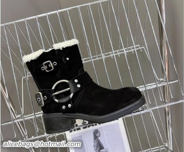 Good Product Miu Miu Vintage-look Ankle Boots 5cm with Strap Buckle in Black Suede and Wool 012047