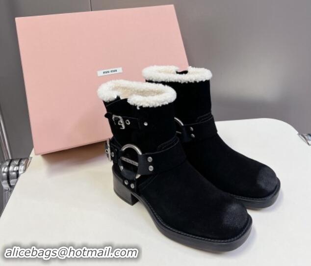 Good Product Miu Miu Vintage-look Ankle Boots 5cm with Strap Buckle in Black Suede and Wool 012047