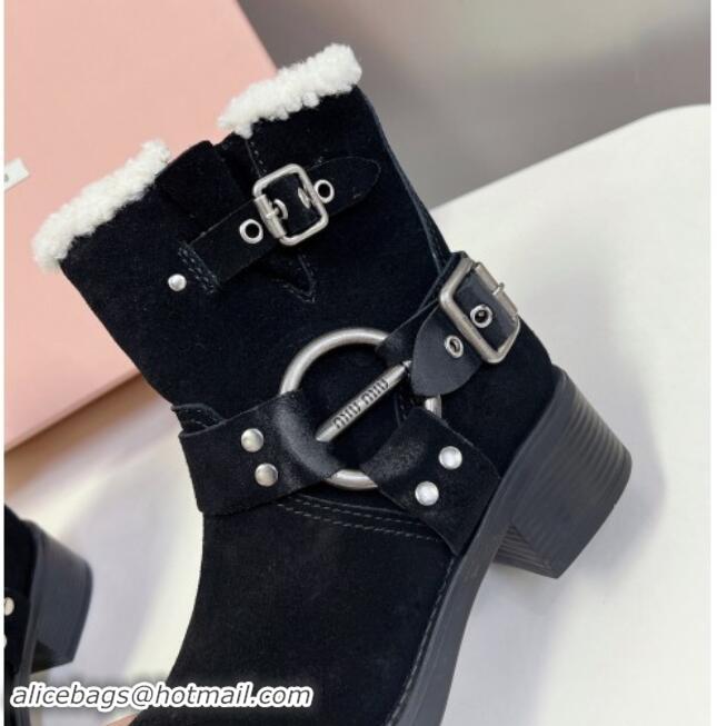 Good Product Miu Miu Vintage-look Ankle Boots 5cm with Strap Buckle in Black Suede and Wool 012047