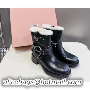 Hot Style Miu Miu Vintage-look Ankle Boots 5cm with Strap Buckle in Faded Leather and Wool Black 012048