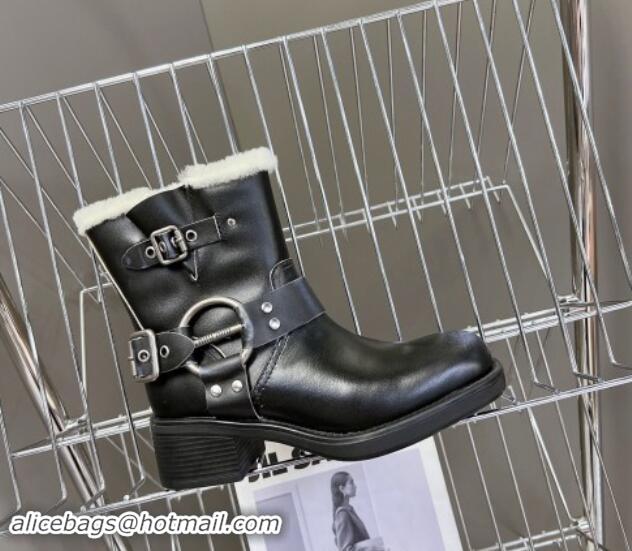 Hot Style Miu Miu Vintage-look Ankle Boots 5cm with Strap Buckle in Faded Leather and Wool Black 012048