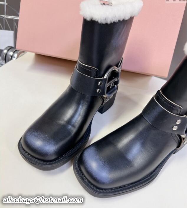 Hot Style Miu Miu Vintage-look Ankle Boots 5cm with Strap Buckle in Faded Leather and Wool Black 012048