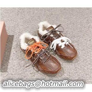 Duplicate New Balance x Miu Miu 530 SL Sneakers in Bleached Leather and Shearling Fur 5E165E Brown 012054