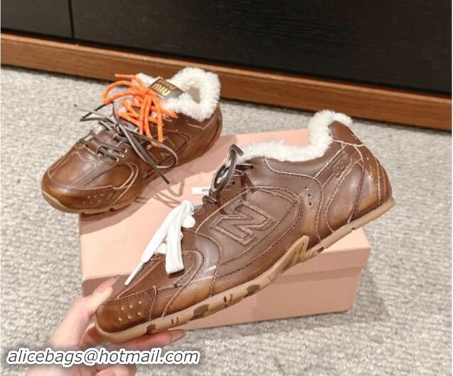 Duplicate New Balance x Miu Miu 530 SL Sneakers in Bleached Leather and Shearling Fur 5E165E Brown 012054