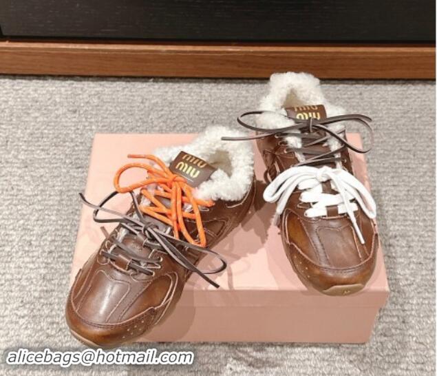 Duplicate New Balance x Miu Miu 530 SL Sneakers in Bleached Leather and Shearling Fur 5E165E Brown 012054