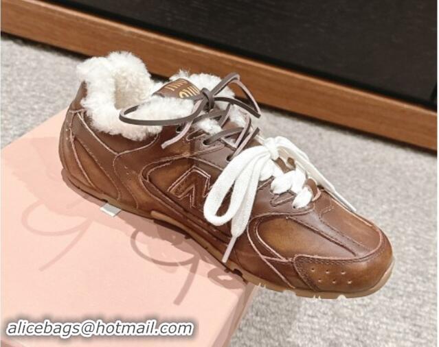 Duplicate New Balance x Miu Miu 530 SL Sneakers in Bleached Leather and Shearling Fur 5E165E Brown 012054