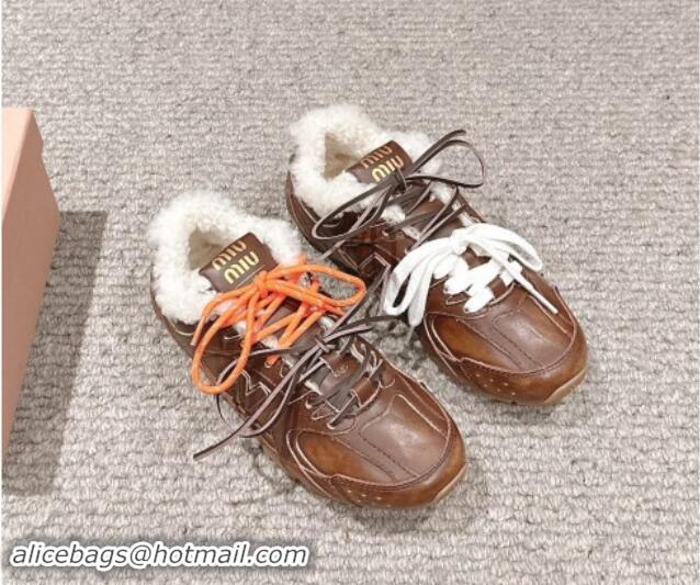 Duplicate New Balance x Miu Miu 530 SL Sneakers in Bleached Leather and Shearling Fur 5E165E Brown 012054