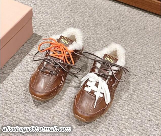 Duplicate New Balance x Miu Miu 530 SL Sneakers in Bleached Leather and Shearling Fur 5E165E Brown 012054