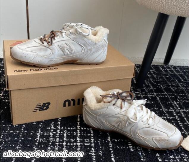 Shop Cheap New Balance x Miu Miu 530 SL Sneakers in White Bleached Leather and Wool Fur 5E165E 012058