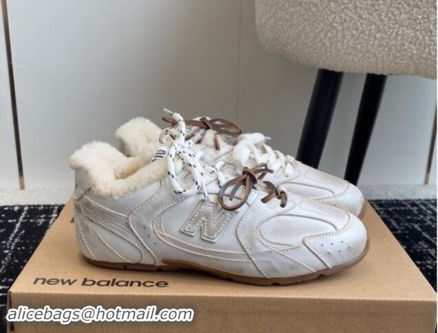 Shop Cheap New Balance x Miu Miu 530 SL Sneakers in White Bleached Leather and Wool Fur 5E165E 012058