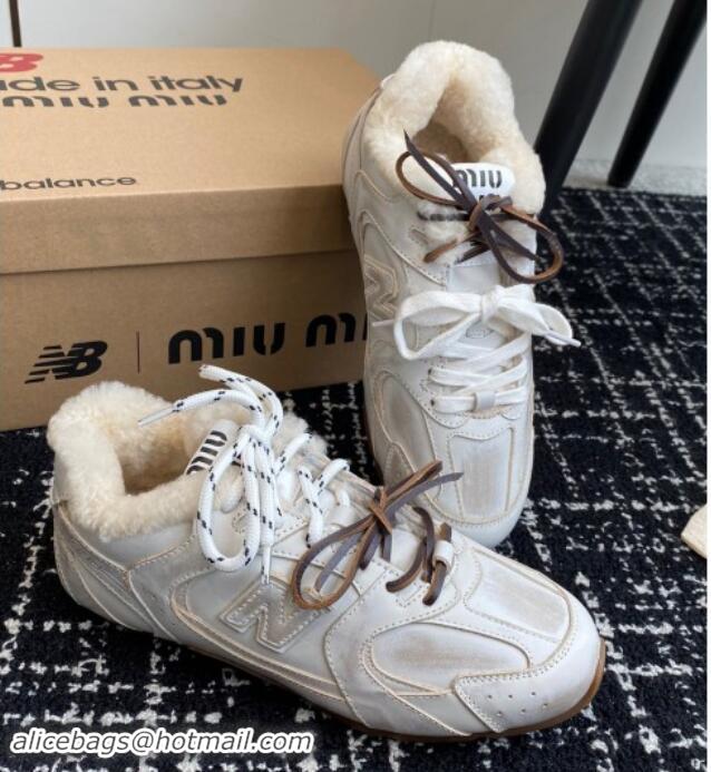 Shop Cheap New Balance x Miu Miu 530 SL Sneakers in White Bleached Leather and Wool Fur 5E165E 012058