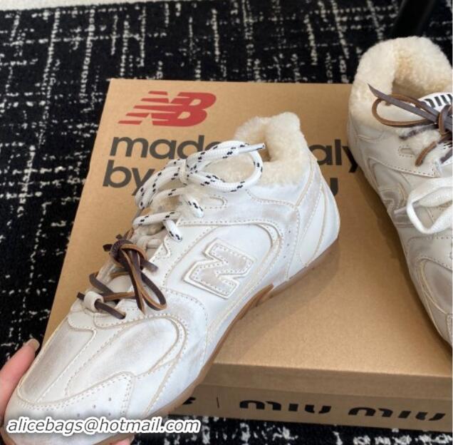 Shop Cheap New Balance x Miu Miu 530 SL Sneakers in White Bleached Leather and Wool Fur 5E165E 012058