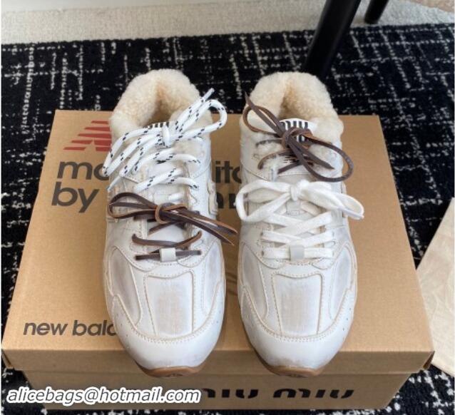 Shop Cheap New Balance x Miu Miu 530 SL Sneakers in White Bleached Leather and Wool Fur 5E165E 012058