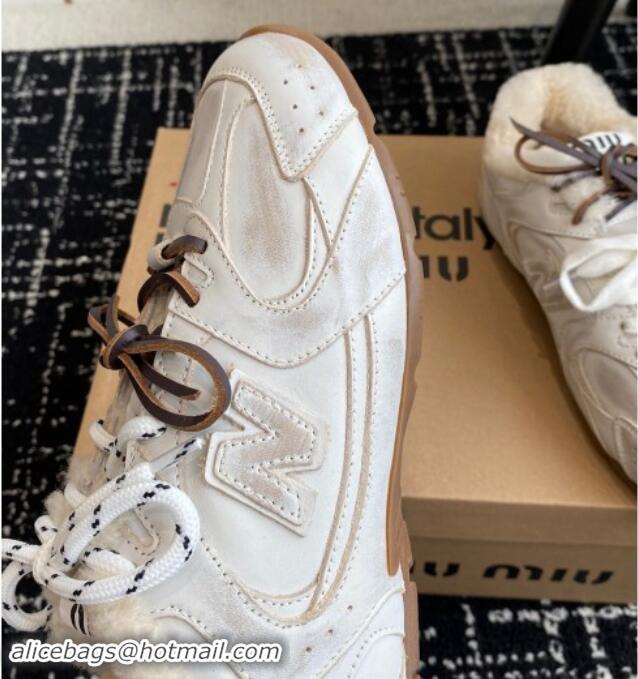 Shop Cheap New Balance x Miu Miu 530 SL Sneakers in White Bleached Leather and Wool Fur 5E165E 012058