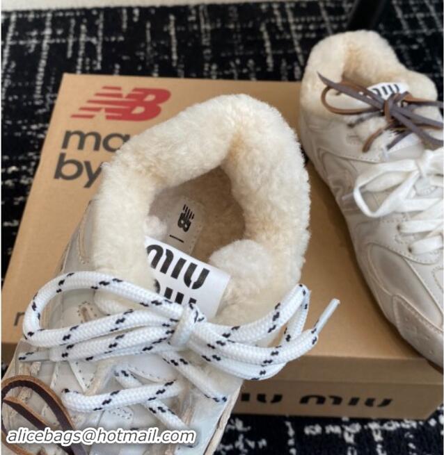 Shop Cheap New Balance x Miu Miu 530 SL Sneakers in White Bleached Leather and Wool Fur 5E165E 012058