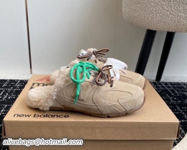 Perfect New Balance x Miu Miu 530 SL Sneaker Mules in Beige Suede and Wool Fur 5E165E 012063