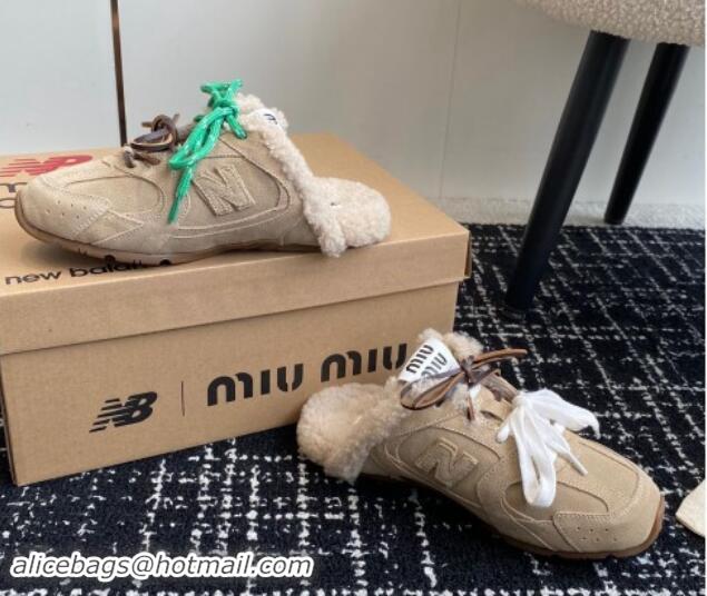 Perfect New Balance x Miu Miu 530 SL Sneaker Mules in Beige Suede and Wool Fur 5E165E 012063