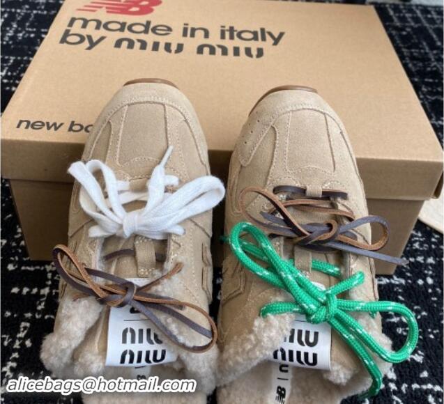 Perfect New Balance x Miu Miu 530 SL Sneaker Mules in Beige Suede and Wool Fur 5E165E 012063